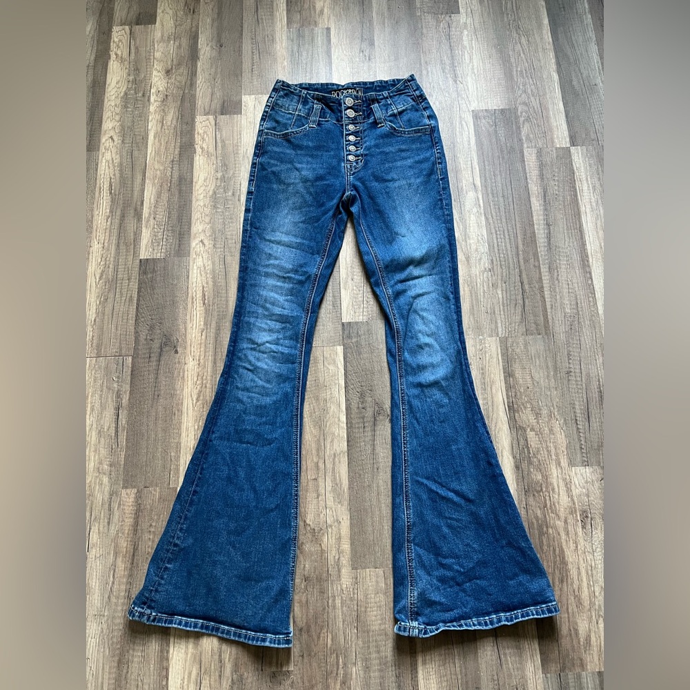 Rock & Roll Cowgirl Dark Blue High-Waist Flare Jeans